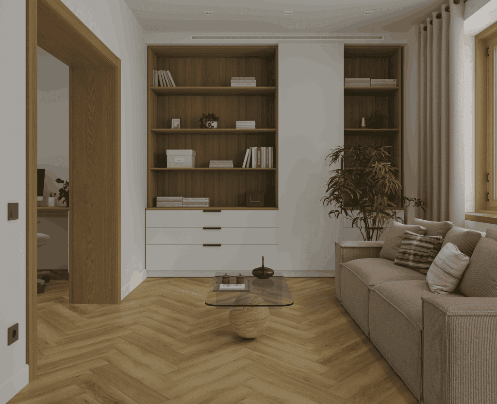 Кварцвиниловый SPC ламинат Alpine Floor Титан Паркет Антей ECO 29-11-R венгерская елка 600×125×6 фото в интерьере