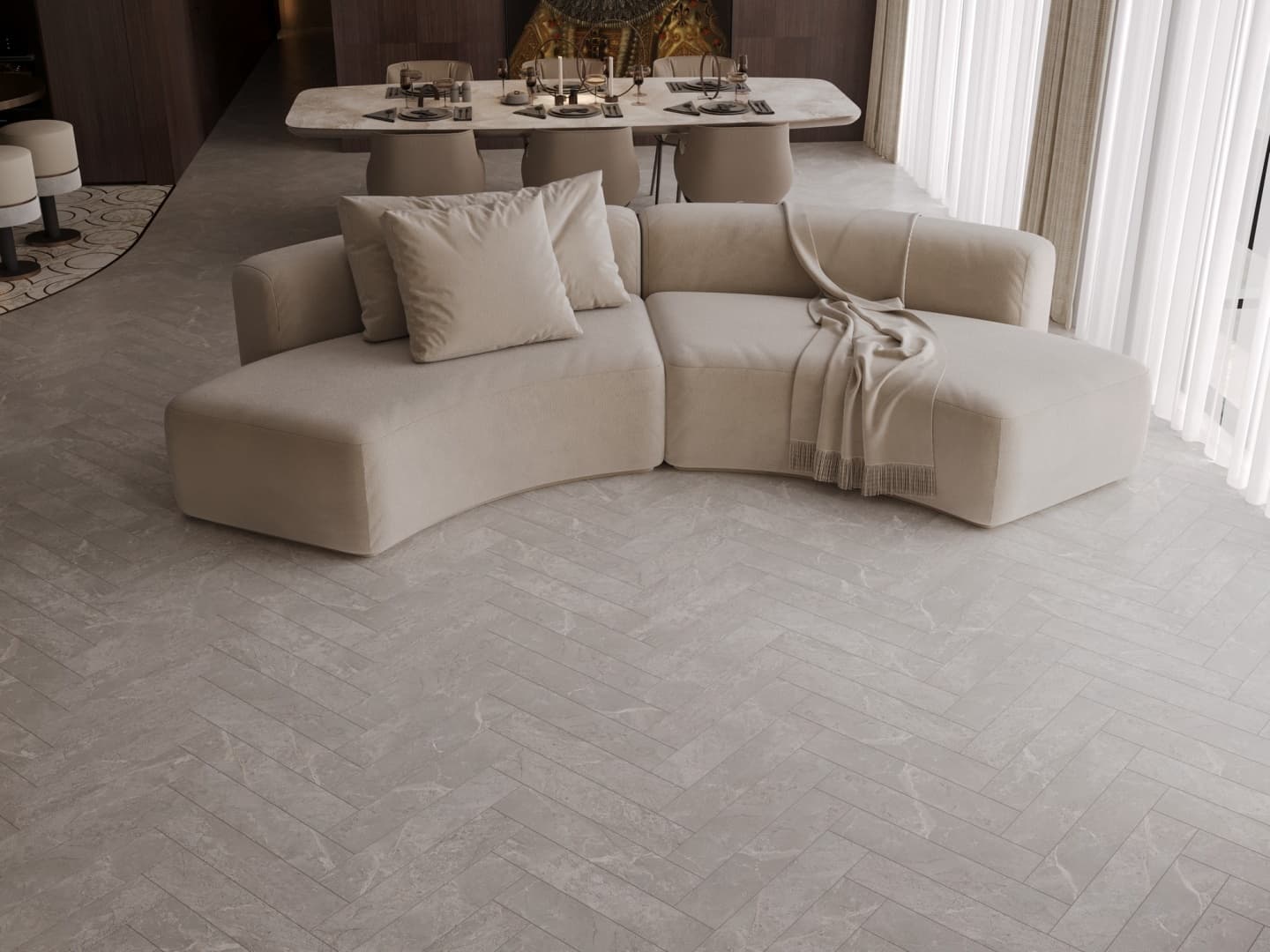 Кварцвиниловый SPC ламинат Alpine Floor Адамант Паркет Санта-Ана ECO 31-1-R венгерская елка 600×125×5 фото в интерьере