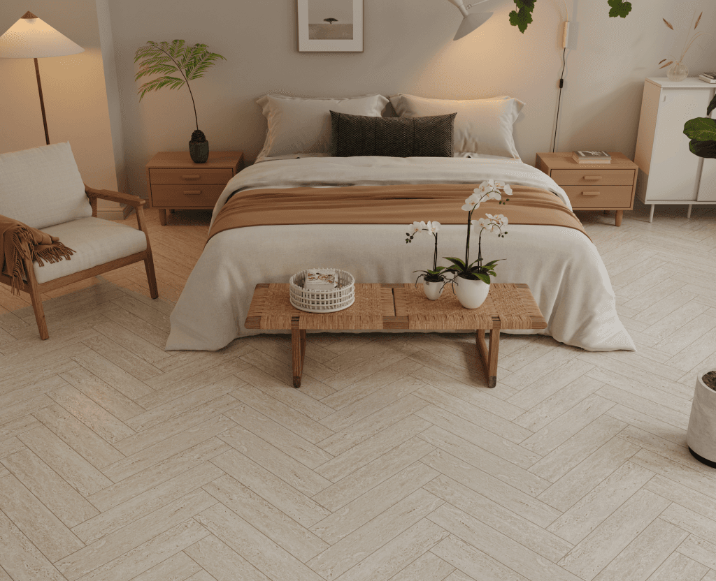 Кварцвиниловый SPC ламинат Alpine Floor Адамант Паркет Зонда ECO 31-4-R венгерская елка 600×125×5 фото в интерьере