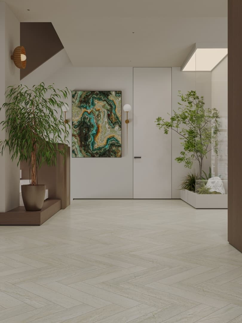 Кварцвиниловый SPC ламинат Alpine Floor Адамант Паркет Лу ECO 31-6-R венгерская елка 600×125×5 фото в интерьере