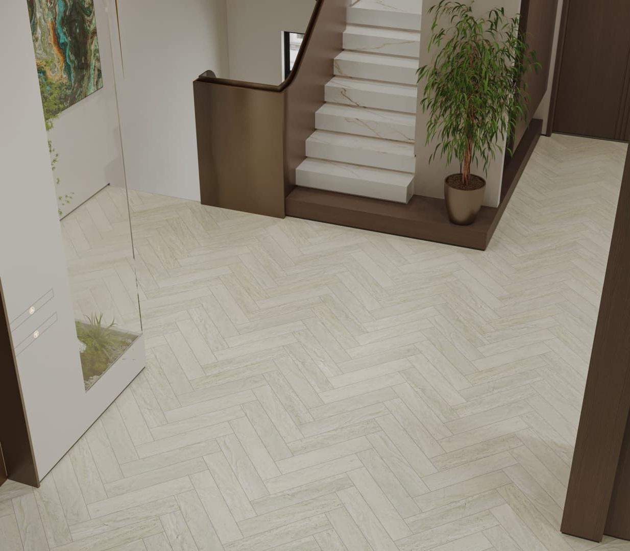Кварцвиниловый SPC ламинат Alpine Floor Адамант Паркет Лу ECO 31-6-R венгерская елка 600×125×5 фото в интерьере