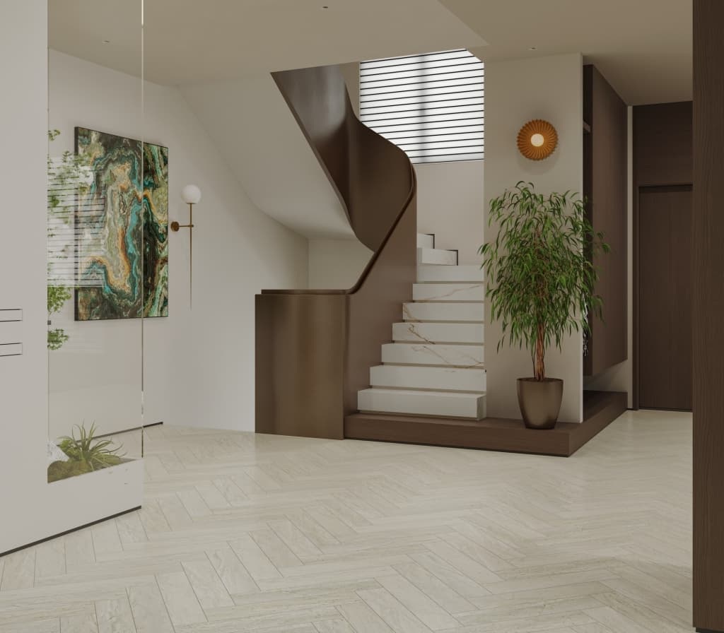 Кварцвиниловый SPC ламинат Alpine Floor Адамант Паркет Лу ECO 31-6-R венгерская елка 600×125×5 фото в интерьере