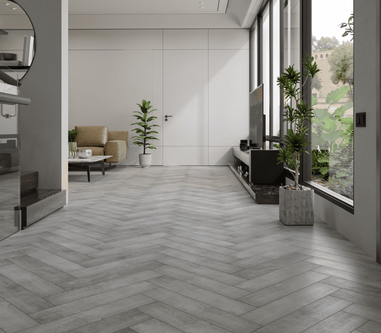 Кварцвиниловый SPC ламинат Alpine Floor Адамант Паркет Корноулл ECO 31-8-R венгерская елка 600×125×5 фото в интерьере