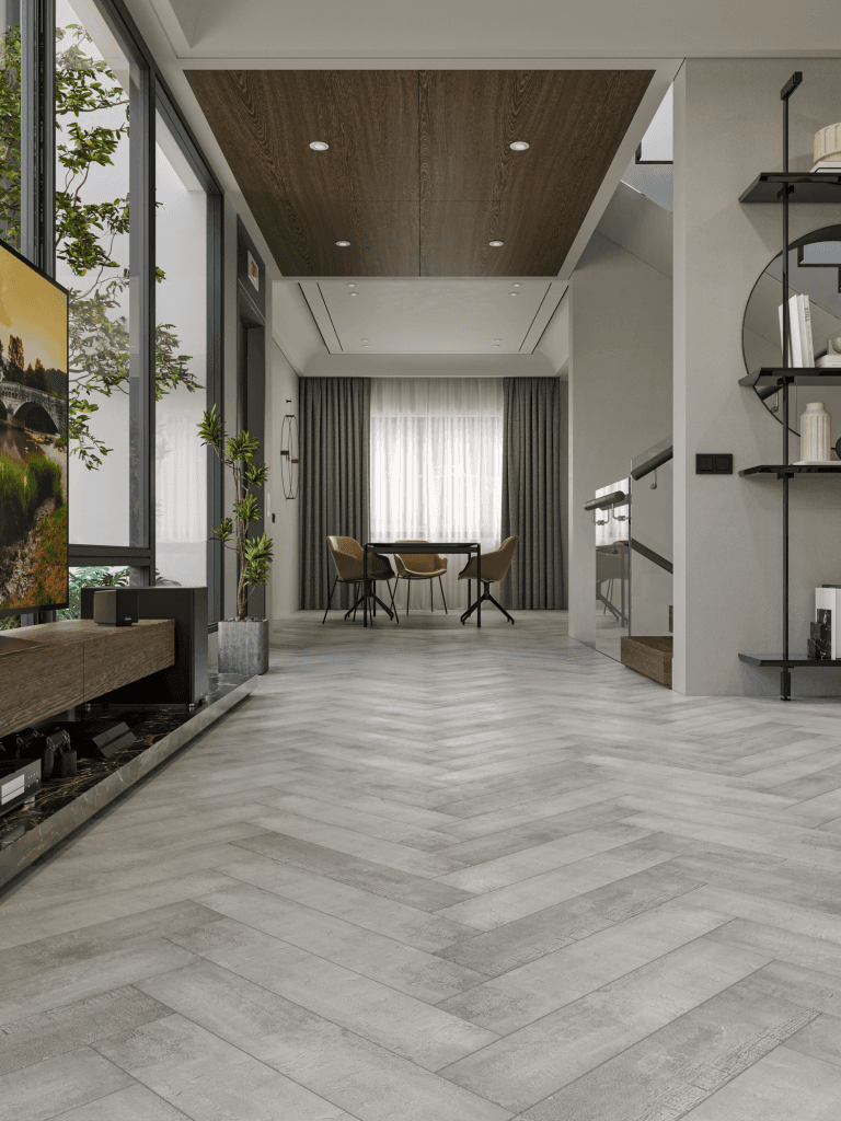 Кварцвиниловый SPC ламинат Alpine Floor Адамант Паркет Корноулл ECO 31-8-R венгерская елка 600×125×5 фото в интерьере