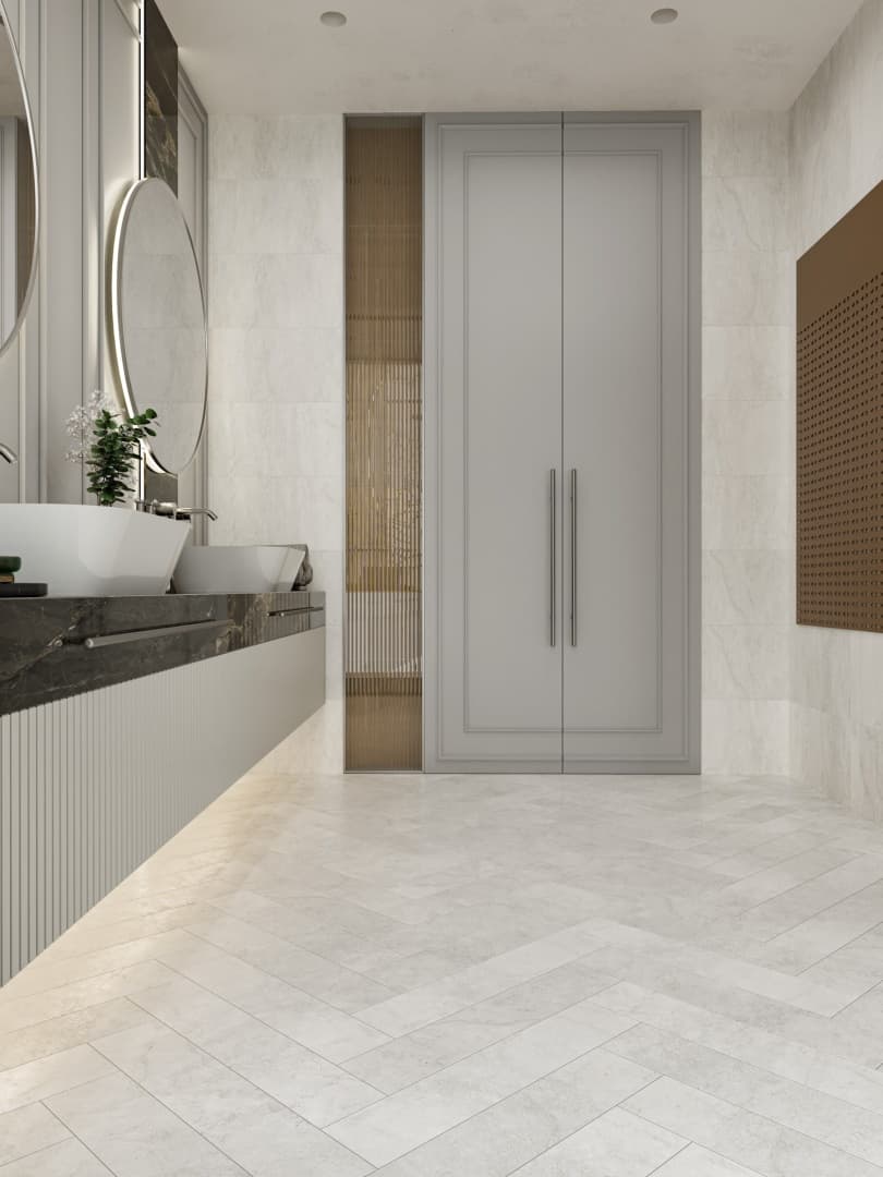 Кварцвиниловый SPC ламинат Alpine Floor Адамант Паркет Элдгея ECO 31-9-R венгерская елка 600×125×5 фото в интерьере
