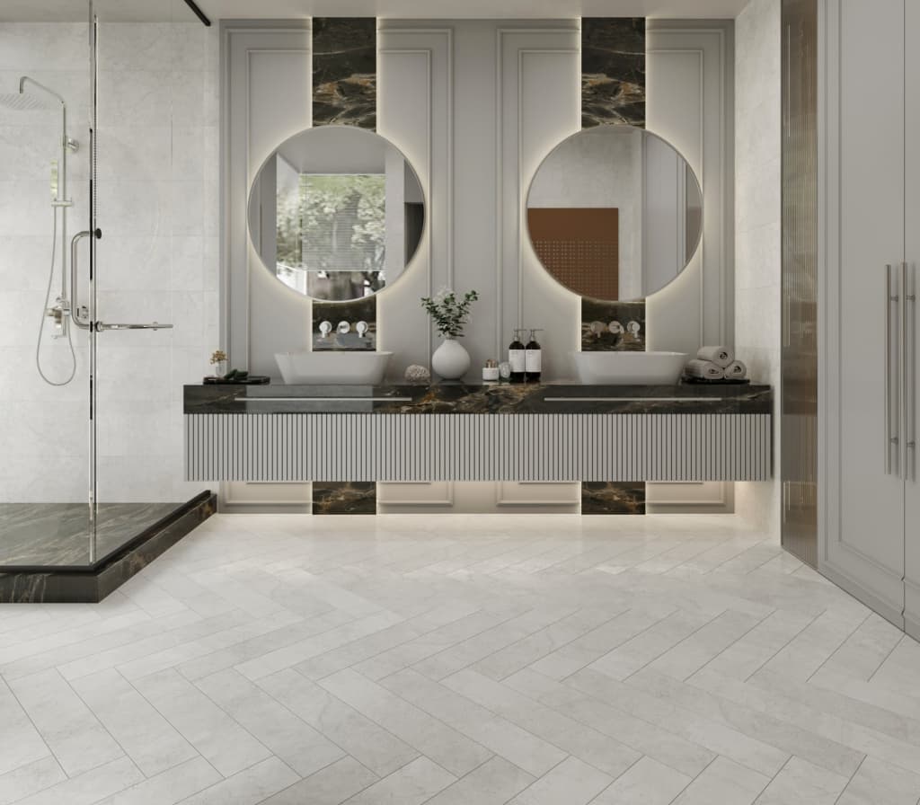 Кварцвиниловый SPC ламинат Alpine Floor Адамант Паркет Элдгея ECO 31-9-R венгерская елка 600×125×5 фото в интерьере