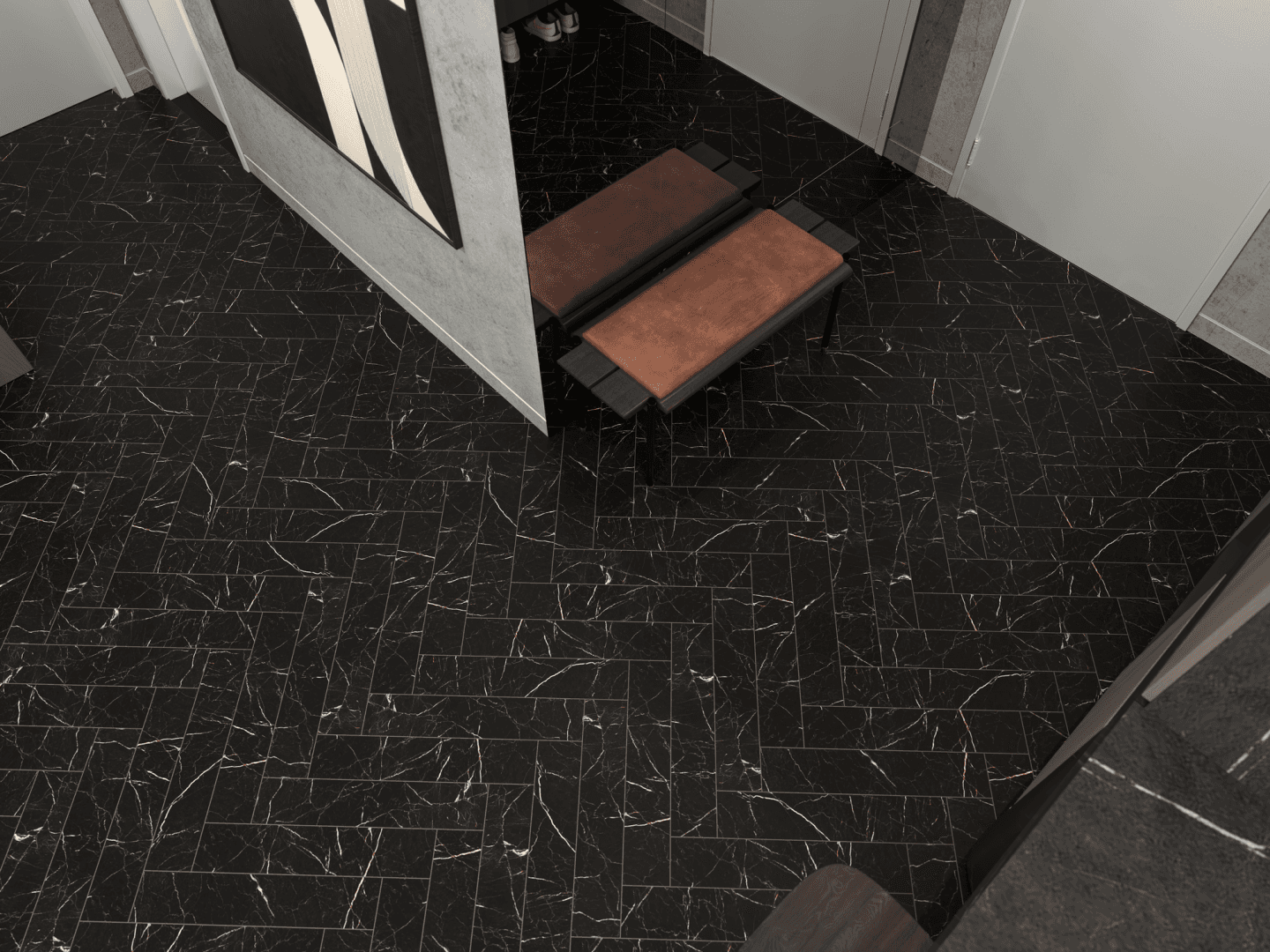 Кварцвиниловый SPC ламинат Alpine Floor Адамант Паркет Неро ECO 31-11-R венгерская елка 600×125×5 фото в интерьере