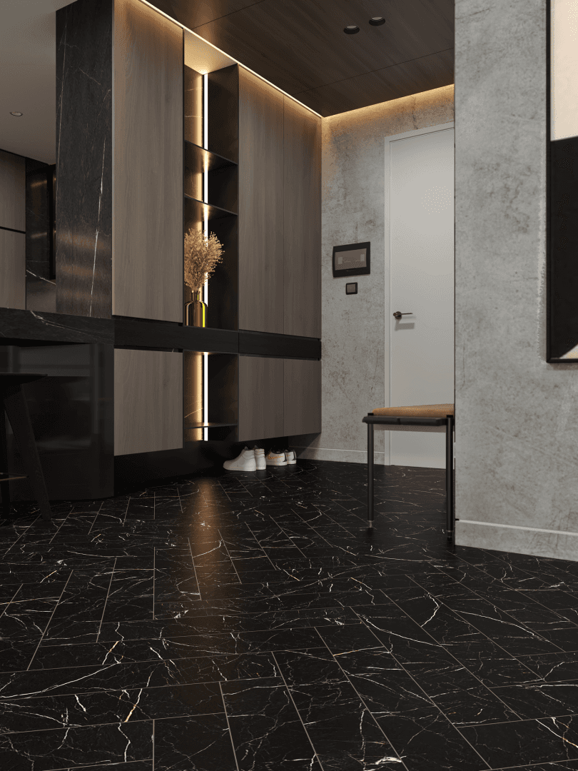 Кварцвиниловый SPC ламинат Alpine Floor Адамант Паркет Неро ECO 31-11-R венгерская елка 600×125×5 фото в интерьере
