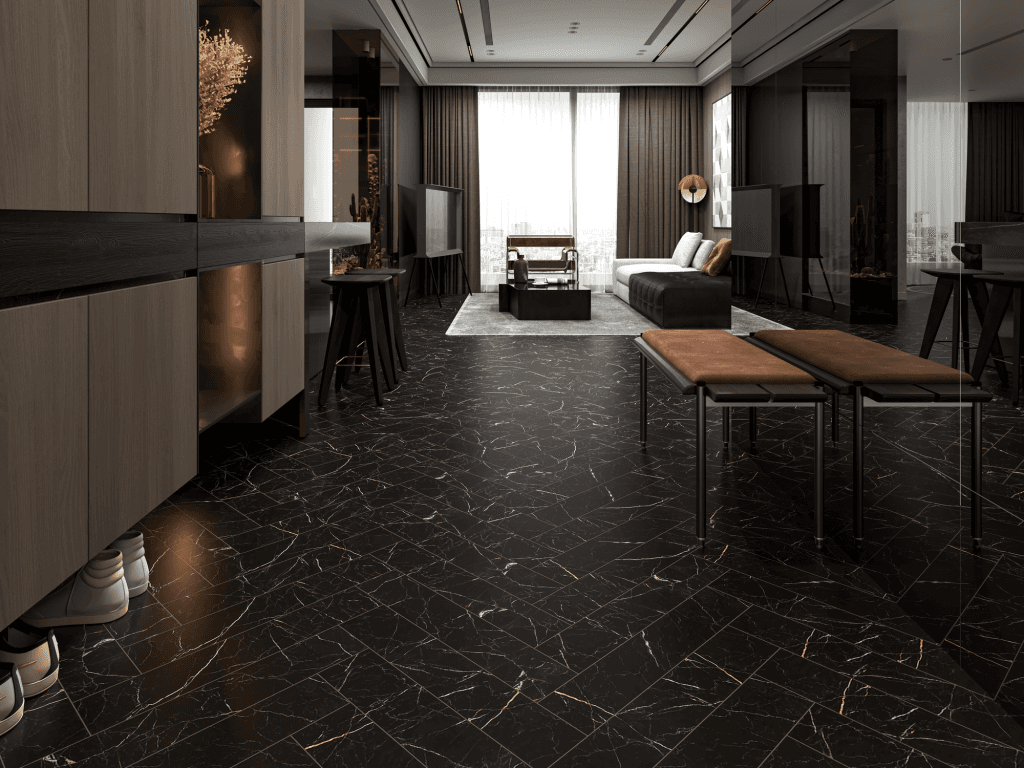 Кварцвиниловый SPC ламинат Alpine Floor Адамант Паркет Неро ECO 31-11-R венгерская елка 600×125×5 фото в интерьере