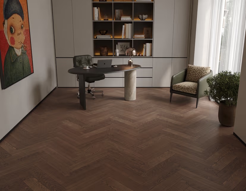 Композитная паркетная доска Alpine Floor Приоритет Паркет Дуб Редкий ECO 30-2 венгерская елка 600×125×5,5 фото в интерьере