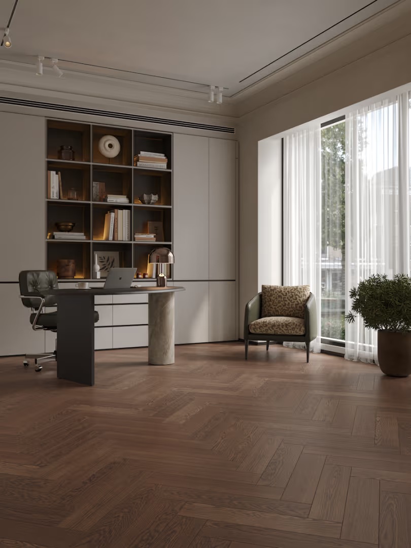 Композитная паркетная доска Alpine Floor Приоритет Паркет Дуб Редкий ECO 30-2 венгерская елка 600×125×5,5 фото в интерьере