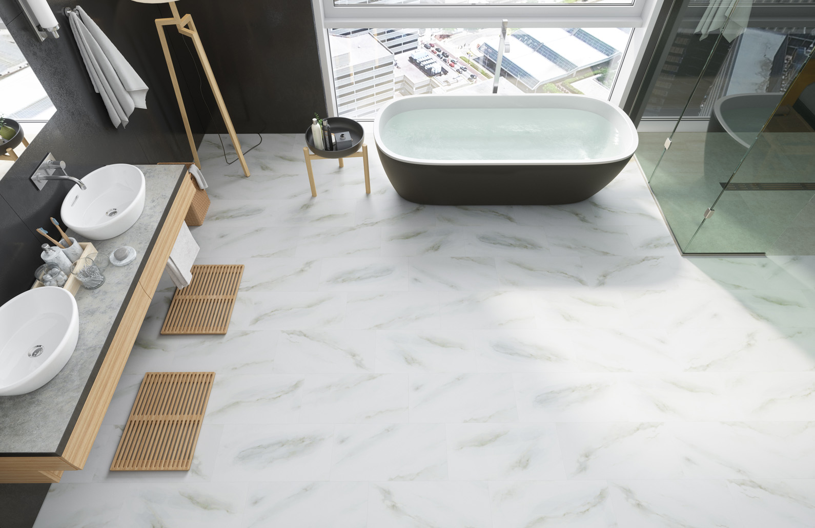 Кварцвиниловый SPC ламинат Fargo Stone Белый Мрамор 6089-1 600×300×4 фото в интерьере