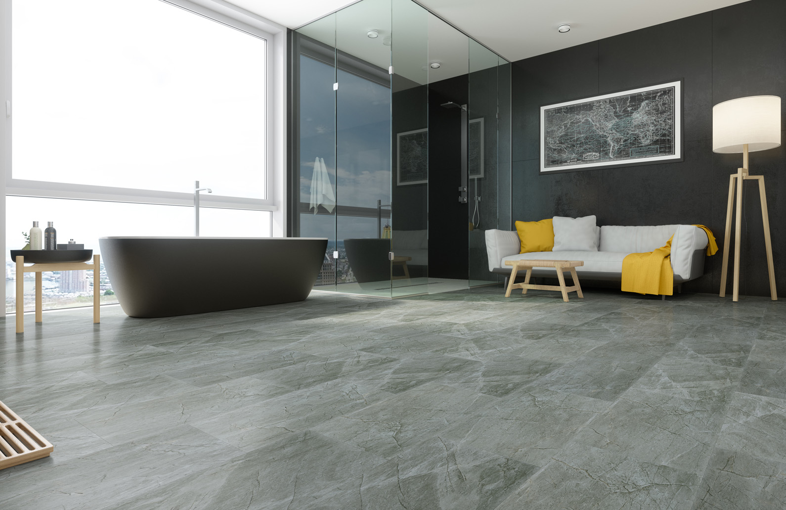 Кварцвиниловый SPC ламинат Fargo Stone Платиновый Агат 67S455 600×300×4 фото в интерьере